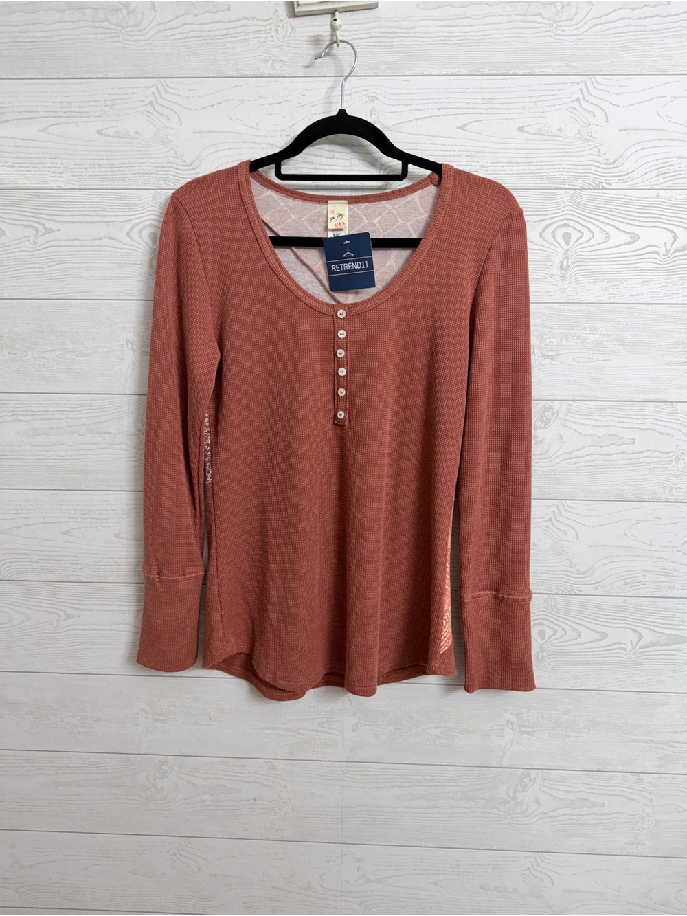 7th Ray Women's Long Sleeve Henley Thermal Top - Terra Cotta Size L